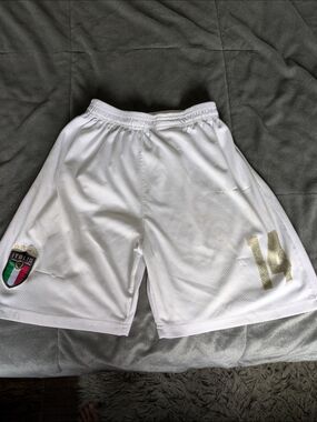 SHEIN White Men's Athletic Soccer Shorts with Gold Number